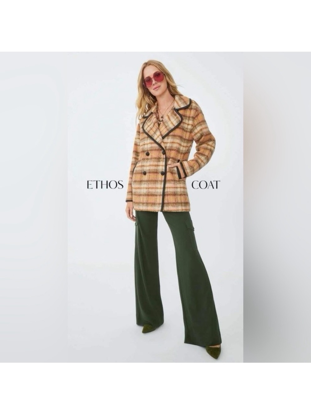 Cabi Ethos Wool Blend Plaid Peacoat Jacket - Peach & Tan